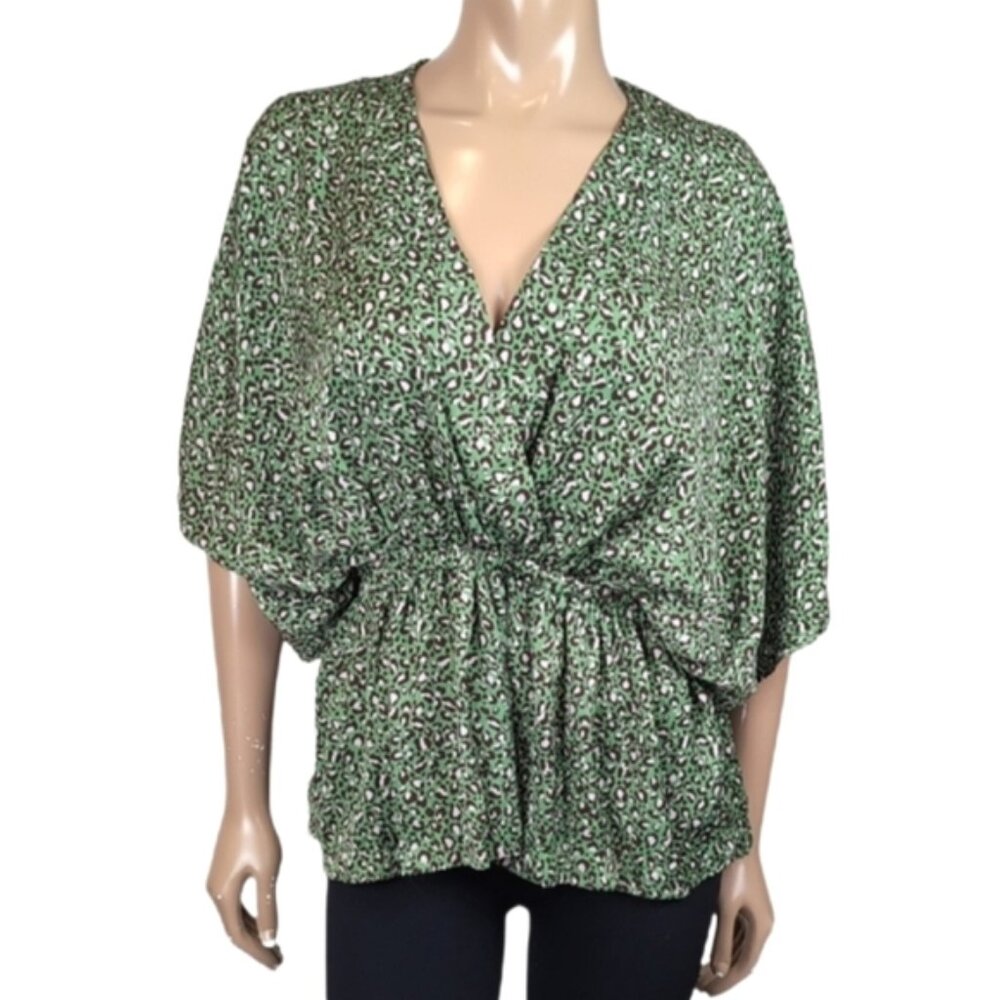 Mustard Seed Wrap Blouse Womens Size Small Green Animal Print Boho Kimono Top